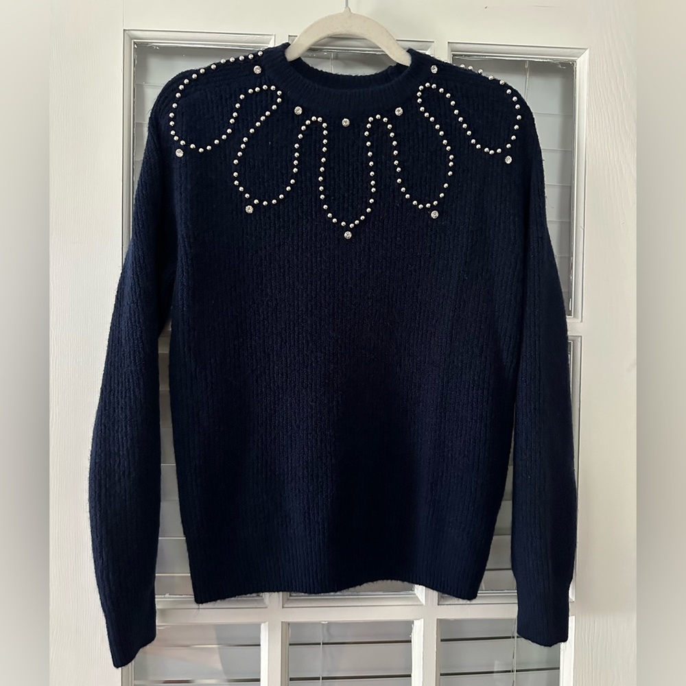 NANETTE LEPORE Women’s S Embellished Rhinestone Blue Soft Sweater | SKU 0901